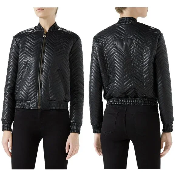 GUCCI JACKET QUILTED BLACK LEATHER BOMBER TIGER CHARM PULL sz IT 38 US 2 - Picture 3 of 15